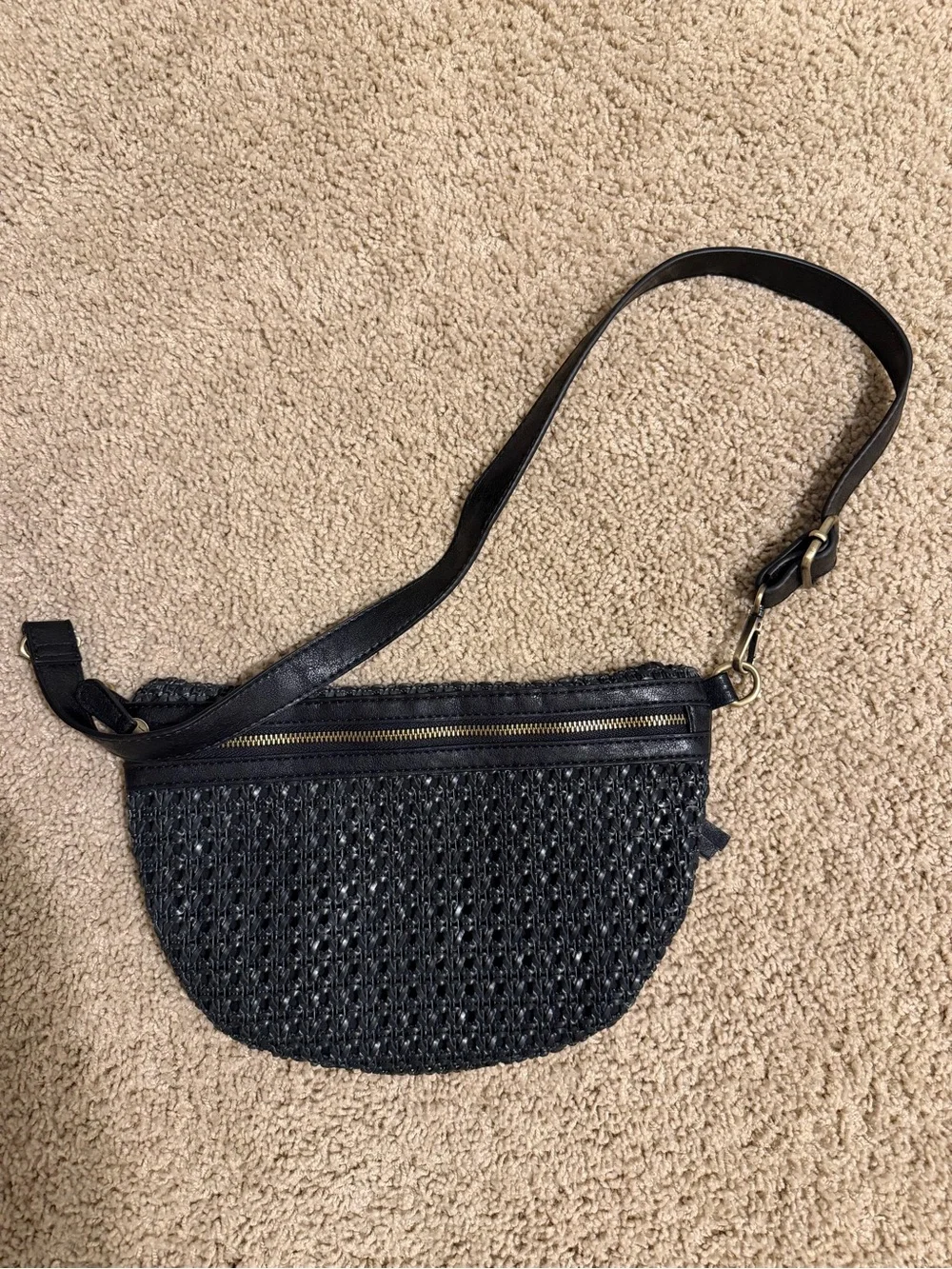 Joy Susan Black Woven Crossbody with Gold Zipper